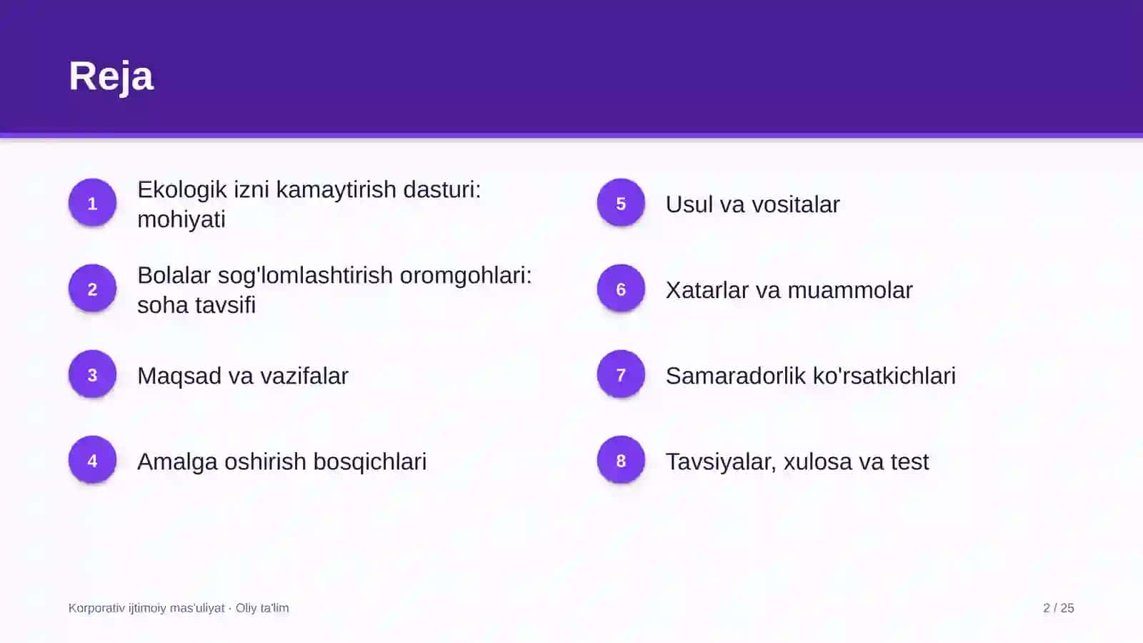 Bolalar sog'lomlashtirish oromgohlarida ekologik izni kamaytirish dasturini amalga oshirish 2
