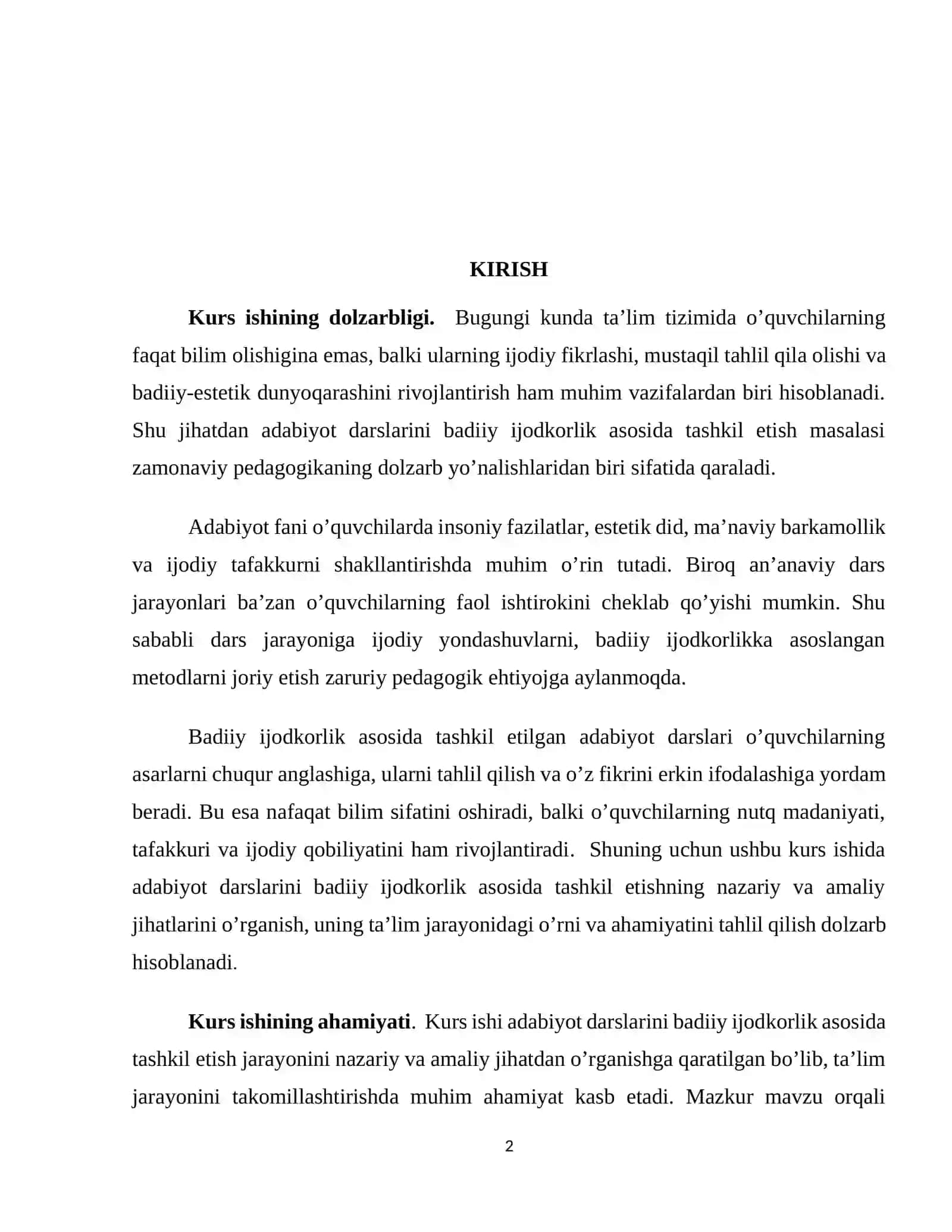 Adabiyot darslarini badiiy ijodkorlik asosida tashkil etishning oʻrni va ahamiyati 2
