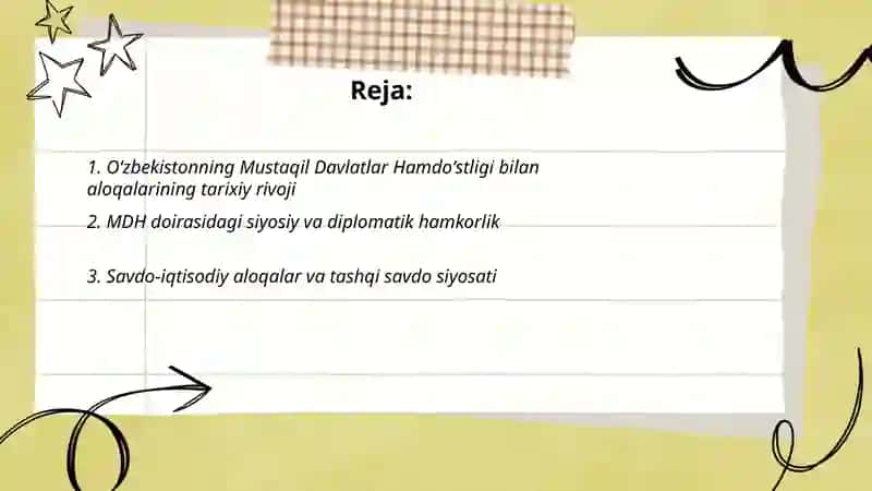 Oʻzbekistonning Mustaqil Davlatlar Hamdoʻstligi bilan aloqalari 2