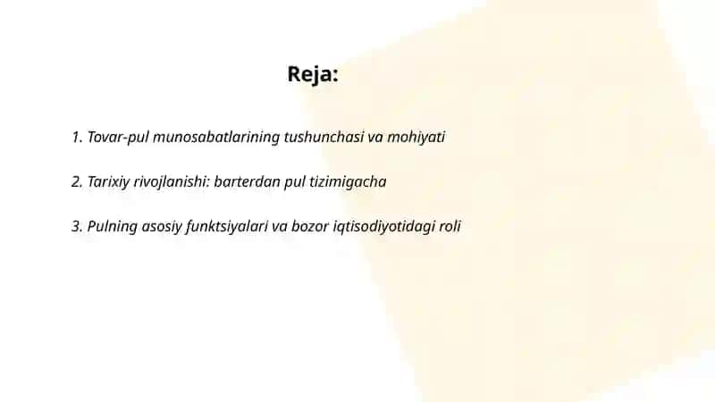 Tavar-pul munosabatlarining rivojlanishi bozor iqtisodiyoti shakllantirishi va amal qilishining asosiy sifatida 2