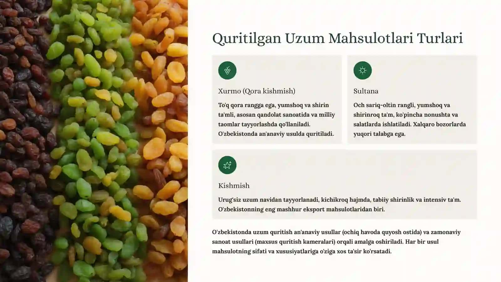 Uzumdan Tayyorlanadigan Quritilgan Mahsulotlar va Sifat Ko'rsatkichlari 2