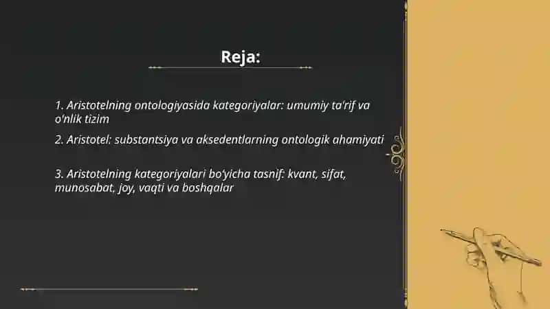 Aristotel, Forobiy va Kant ontologiyasida kategoriyalarning tasnifi 2