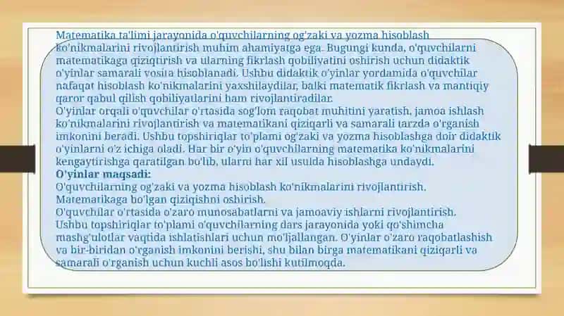 O'quvchilarning og'zaki va yozma hisoblash ko'nikmalarini rivojlantirish 2