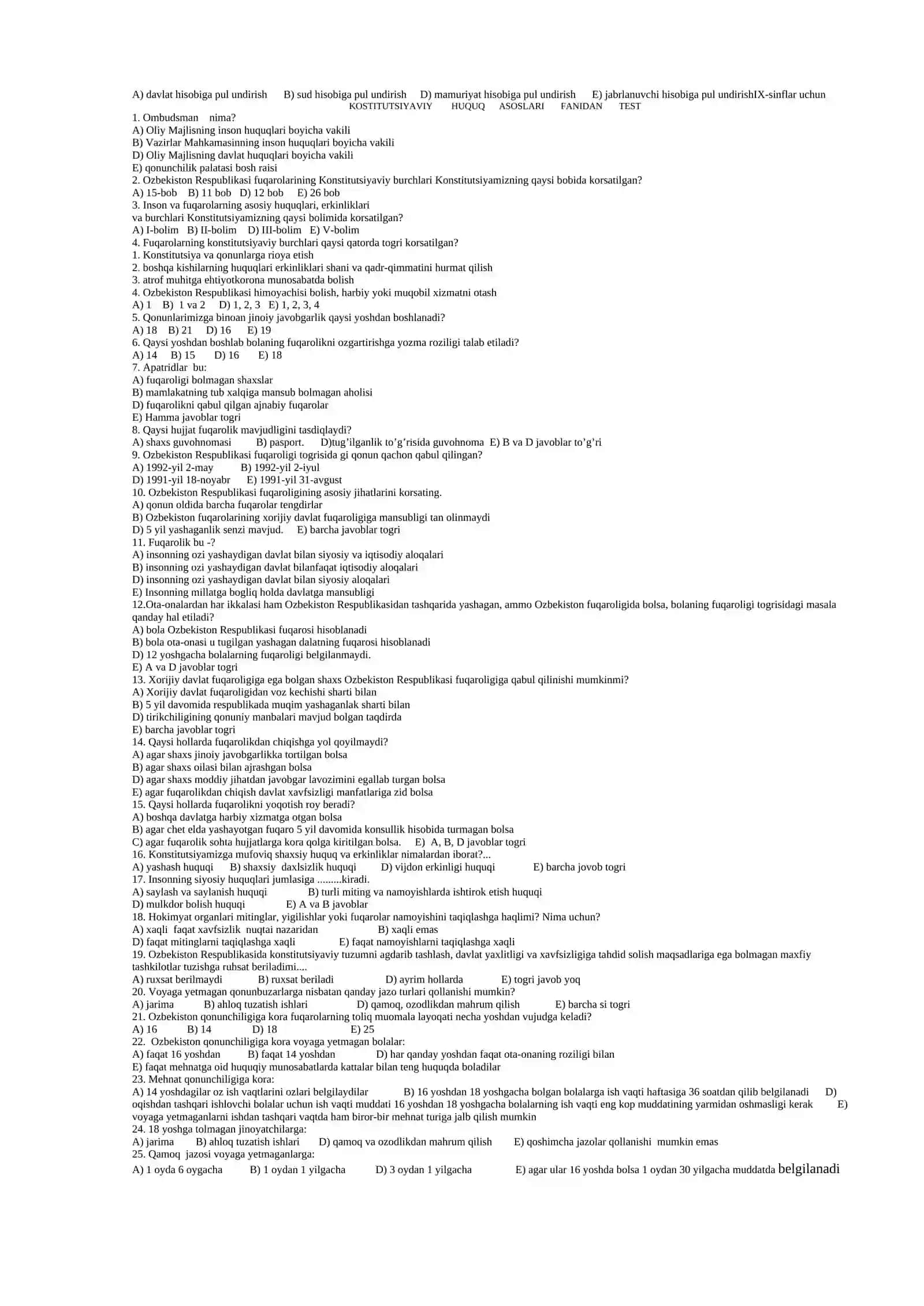 Davlat va huquq asoslari fanidan TEST 2