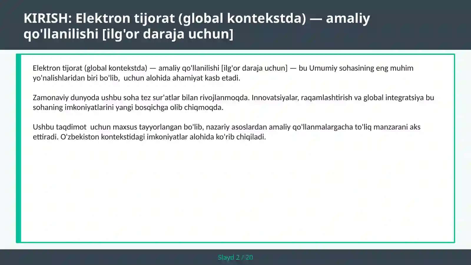 Elektron tijorat (global kontekstda) — amaliy qo'llanilishi [ilg'or daraja uchun] 2