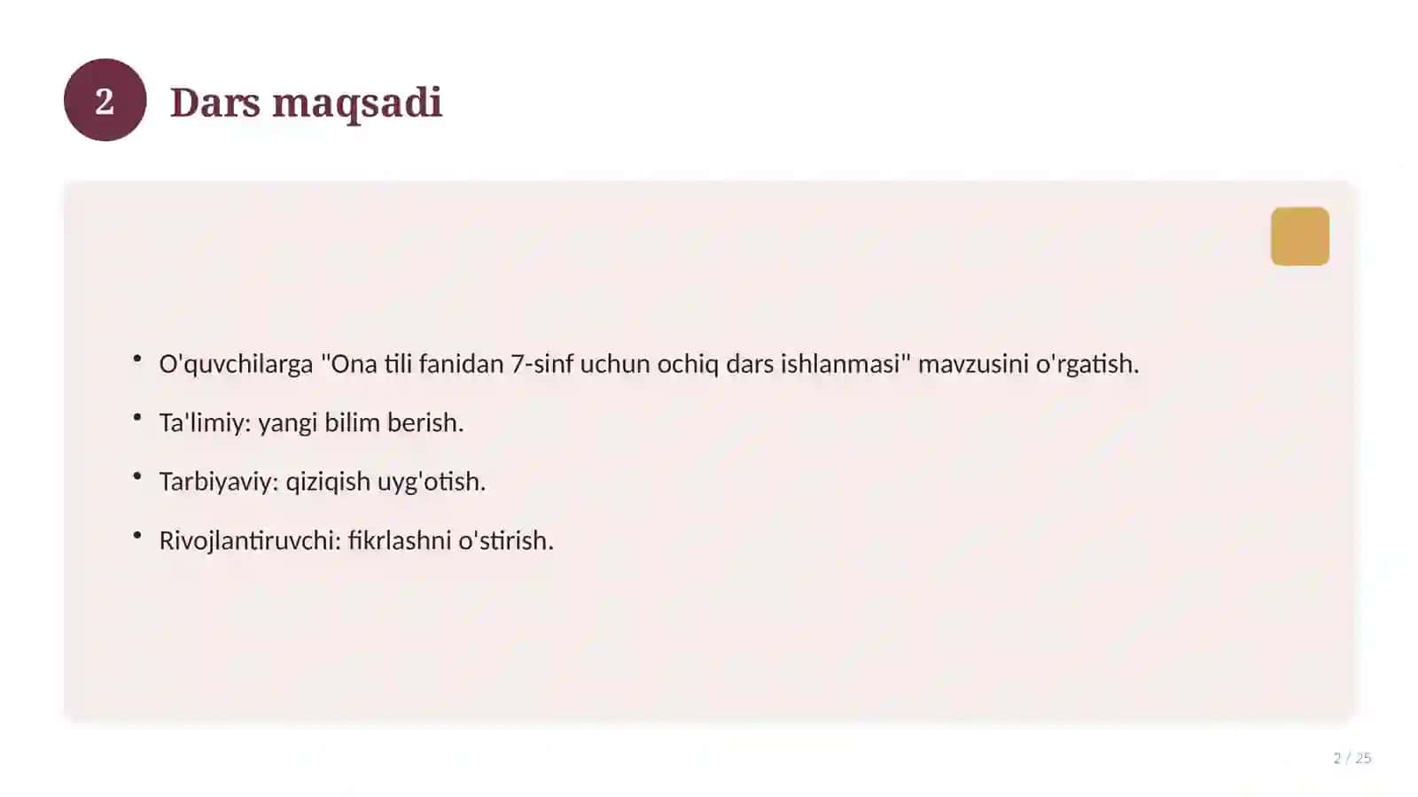 Ona tili fanidan 7-sinf uchun ochiq dars ishlanmasi 2