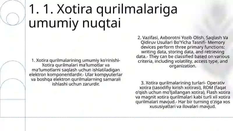 Xotira Qurilmalarining Vazifasi, Axborotni Yozib Olish, Saqlash Va Qidiruv Usullari Bo'Yicha Tasnifi 2