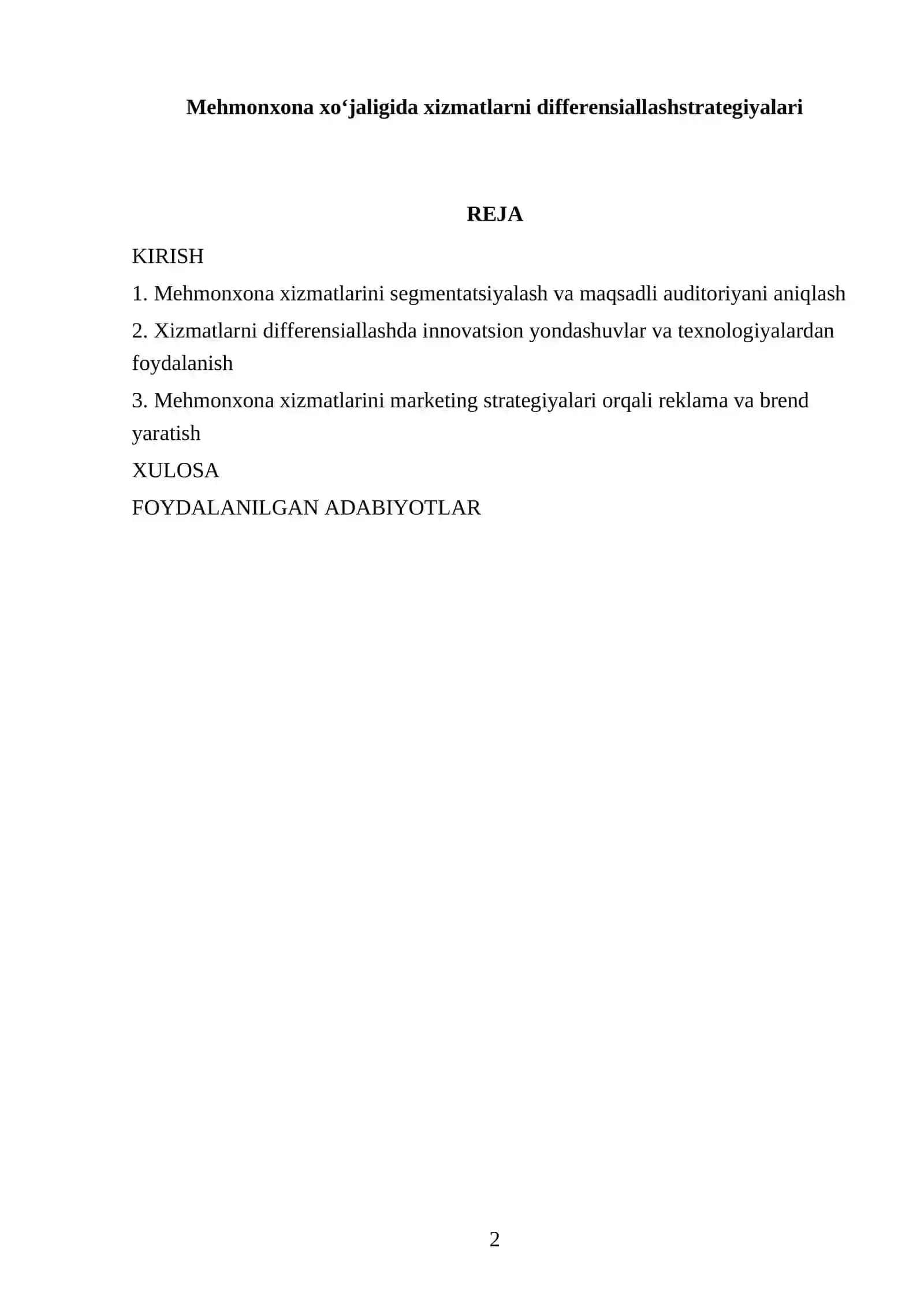 Mehmonxona xo‘jaligida xizmatlarni differensiallashstrategiyalari 2