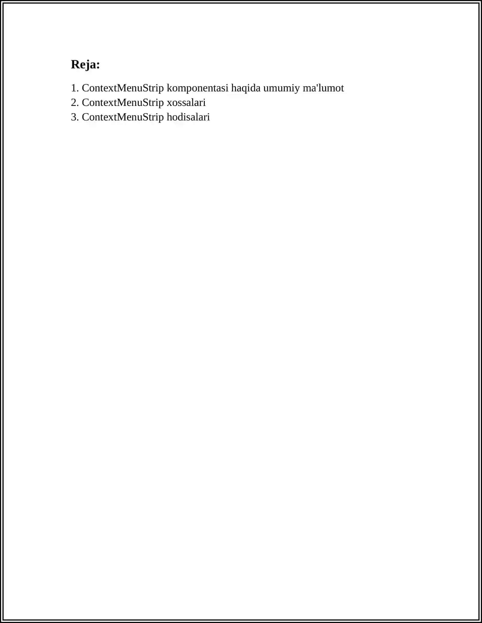 CONTEXTMENUSTRIP KOMPONENTASIDA XOSSALAR VA HODISALAR. HODISALAR ISHLAB CHIQISH 2