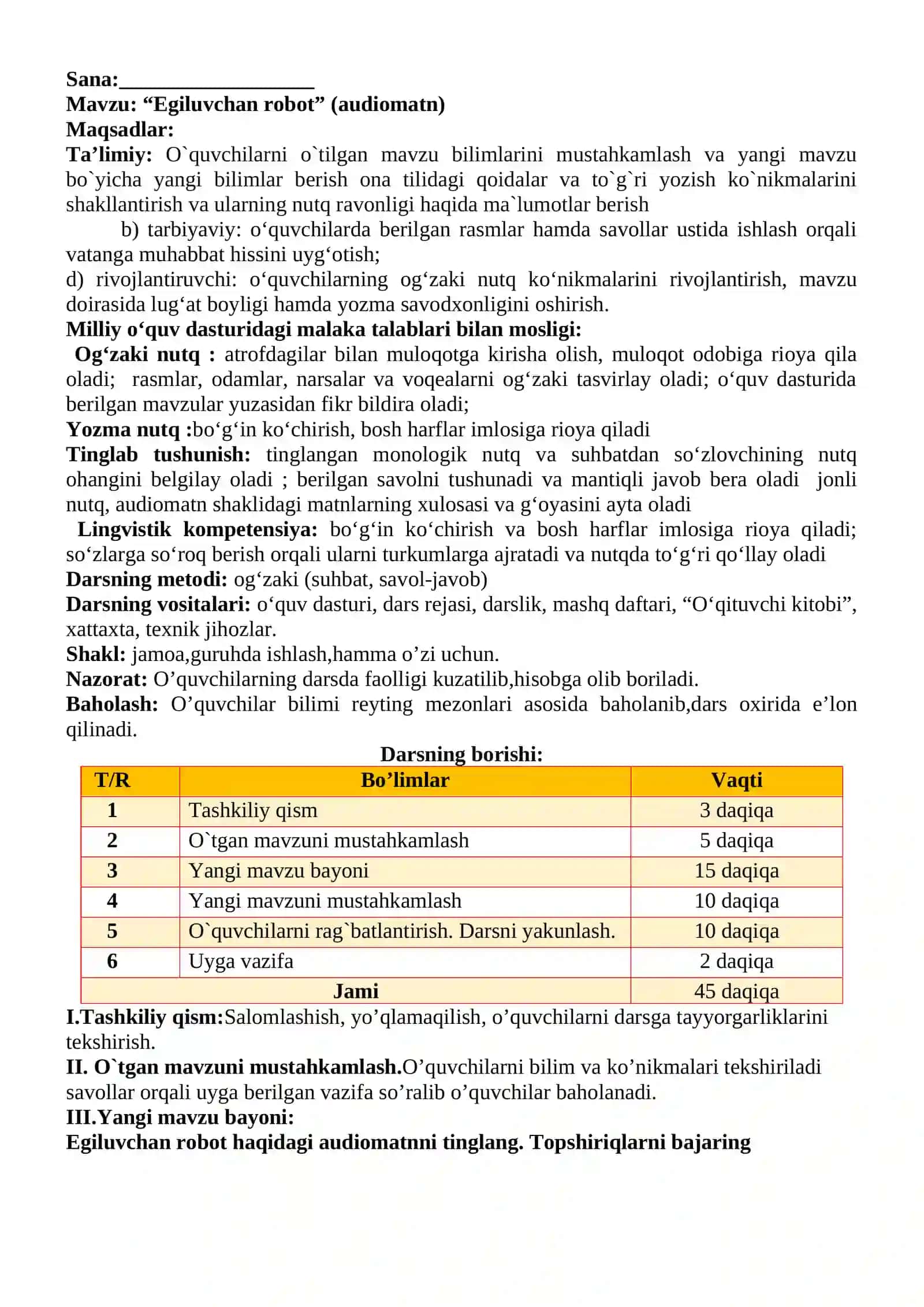 3-sinf Ona tili va o'qish savodxonligi fanidan Egiluvchan robot (audiomatn) dars ishlanma 2