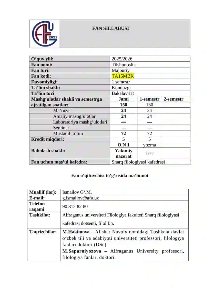 TILSHUNOSLIK FANI BO‘YICHA SILLABUS 2