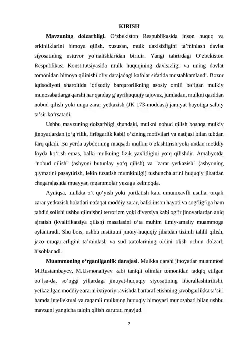 MULKNI QASDDAN NOBUD GILISH YOKI ZARAR YETKAZISH UCHUN JAVOBGARLIKNING AYRIM MASALALARI 2