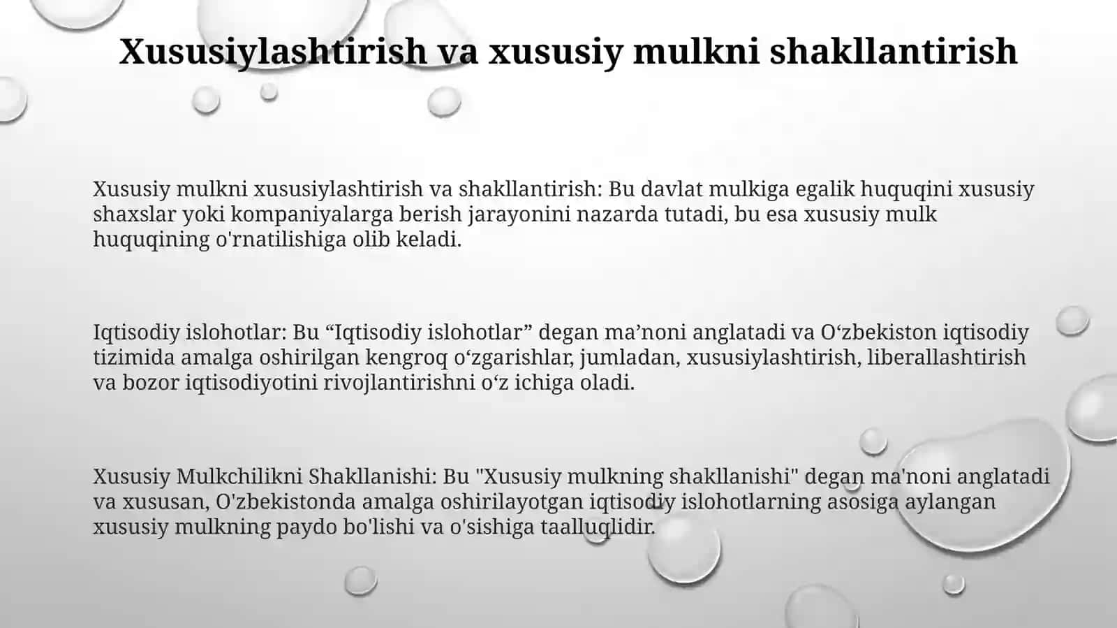 Iqtisodiy Islohotlar,Xususiy Mulkchilikni Shakllanishi,Ozbekistonda Bozor Munosabatlarining Rivojlanishi 2