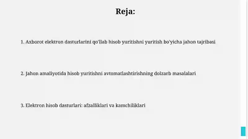 Axborot elektron dasturlarini qo'llab hisob yuritishni yuritish bo'yicha jahon tajribasi 2