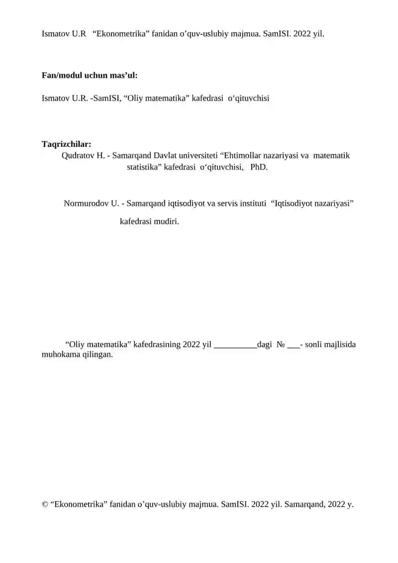 Ekonometrika fanidan o’quv-uslubiy majmua 2