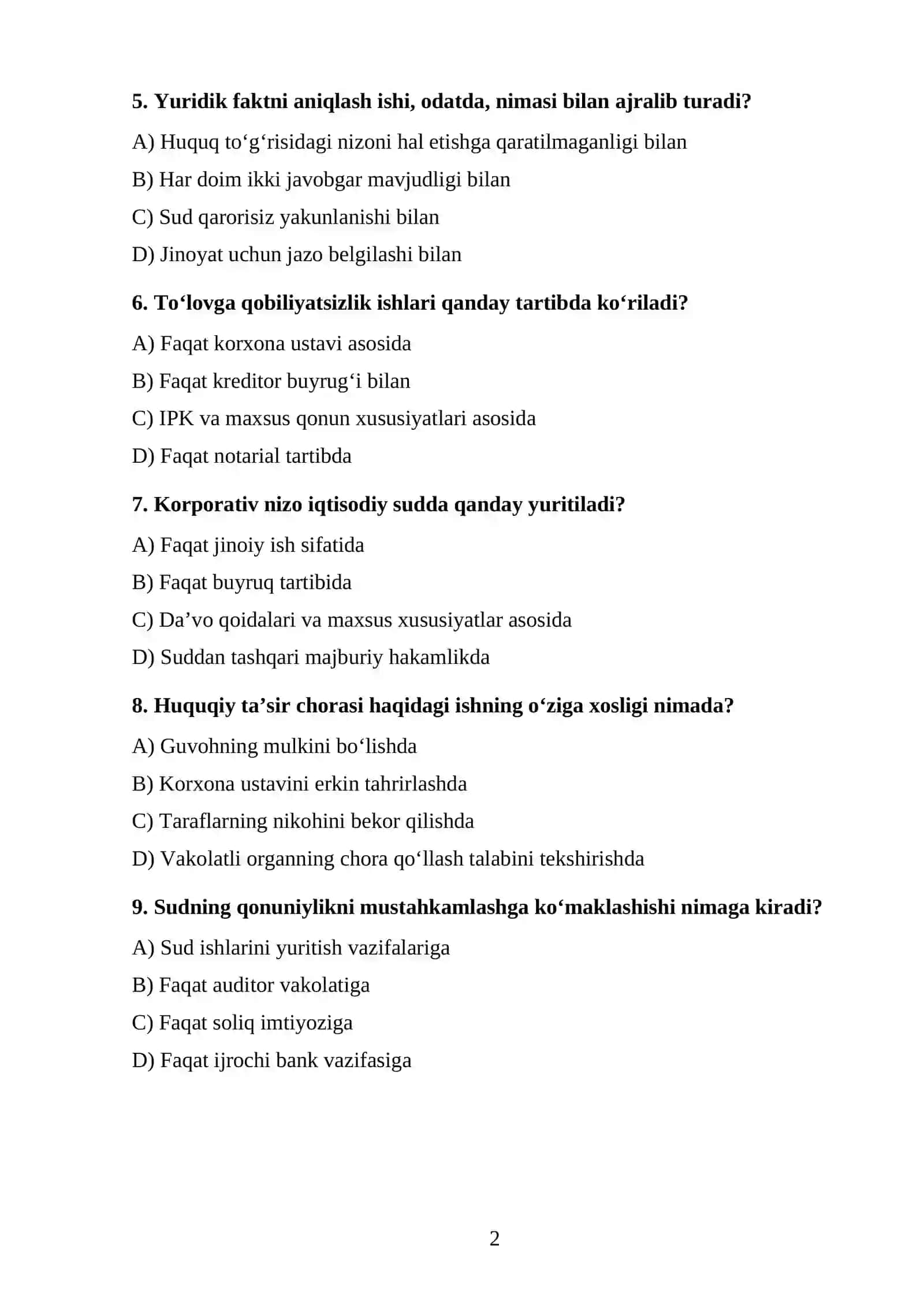 Iqtisodiy sud ishlarini yuritish tushunchasi, vazifalari va turlari TEST. 2