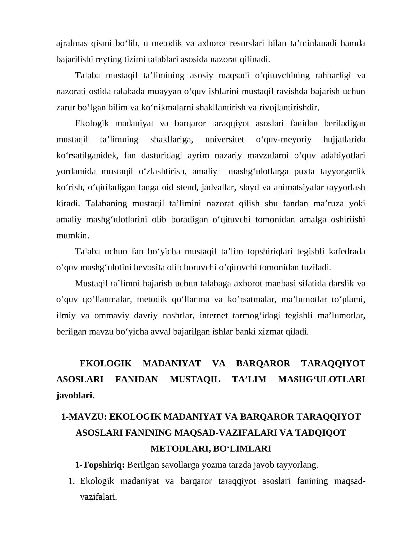 EKOLOGIK MADANIYAT VA BARQAROR TARAQQIYOT ASOSLARI FANIDAN MUSTAQIL TA’LIM ishi 2