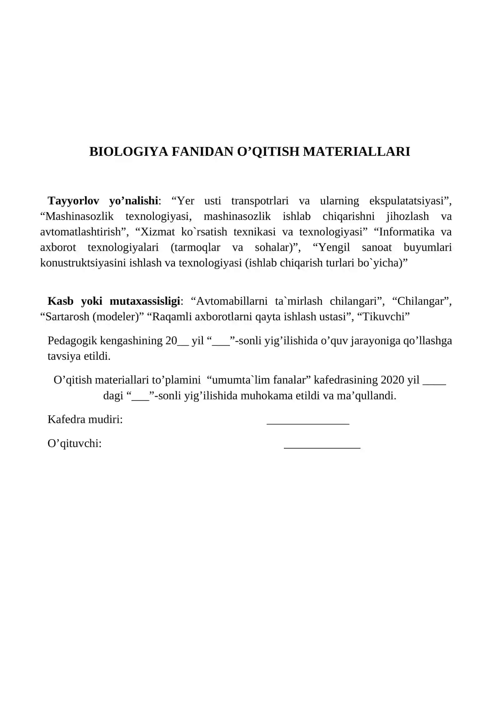 BIOLOGIYA FANIDAN  O’QITISH MATERIALLARI TO`PLAMI 2