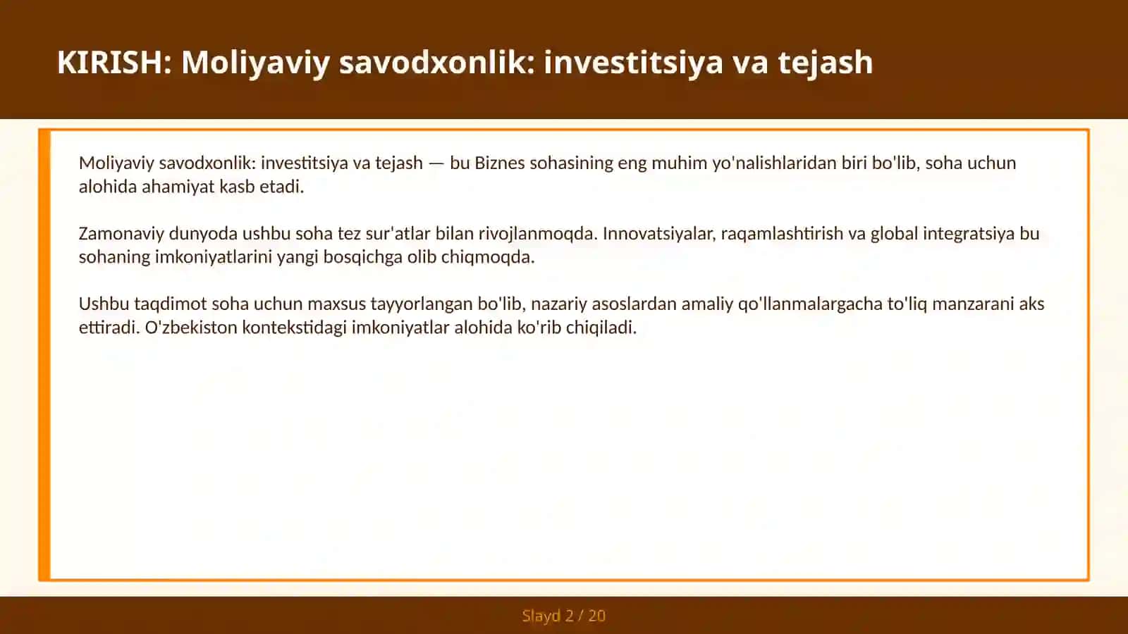 Moliyaviy savodxonlik: investitsiya va tejash 2