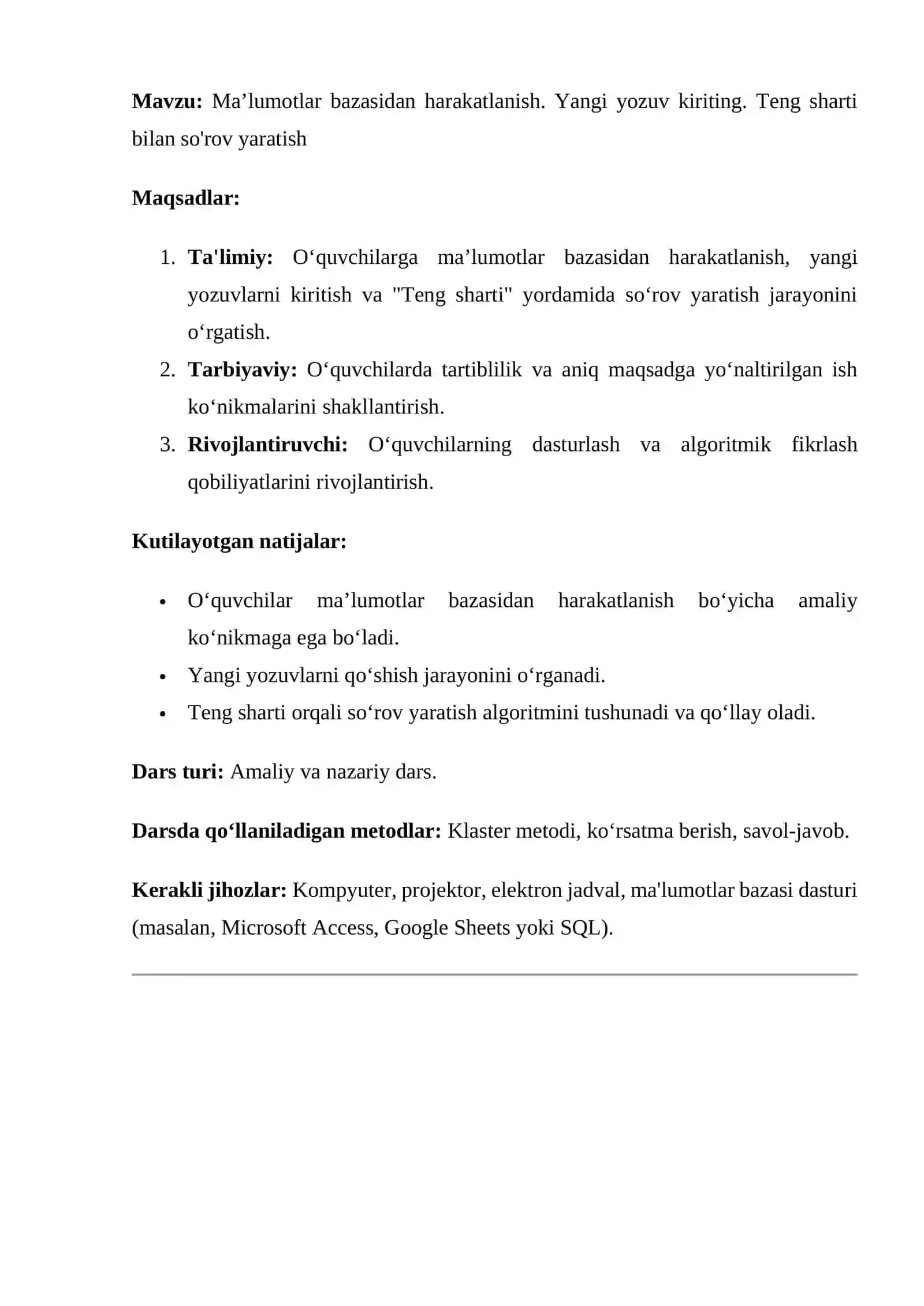 6-sinf Informatika Ma'lumotlar bazasidan harakatlanish. Yangi yozuv kiriting. Teng sharti bilan so'rov yaratish 2