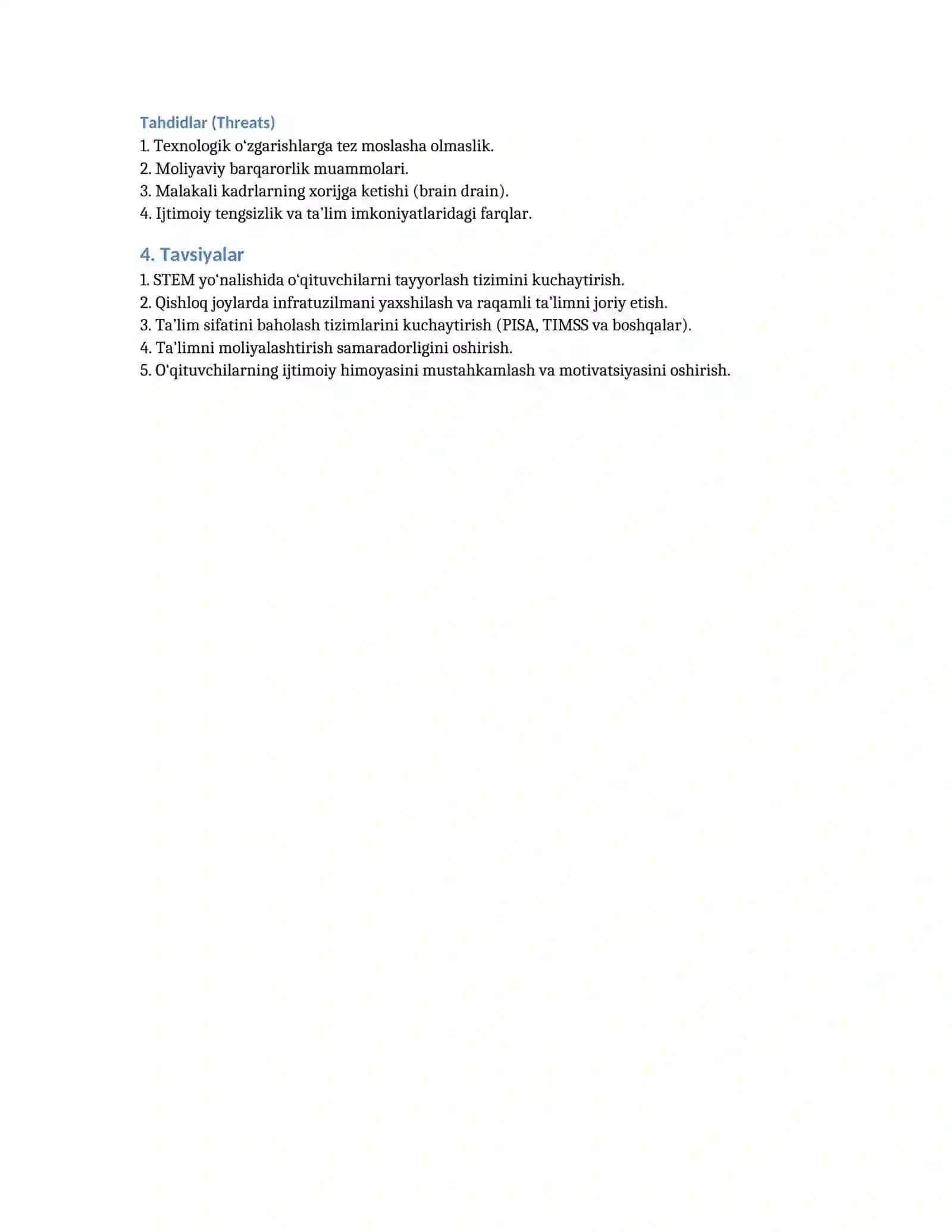 Oʻzbekiston Respublikasining ta’lim sohasidagi davlat siyosati va uni aks ettiruvchi hujjatlar SWOT tahlili 2