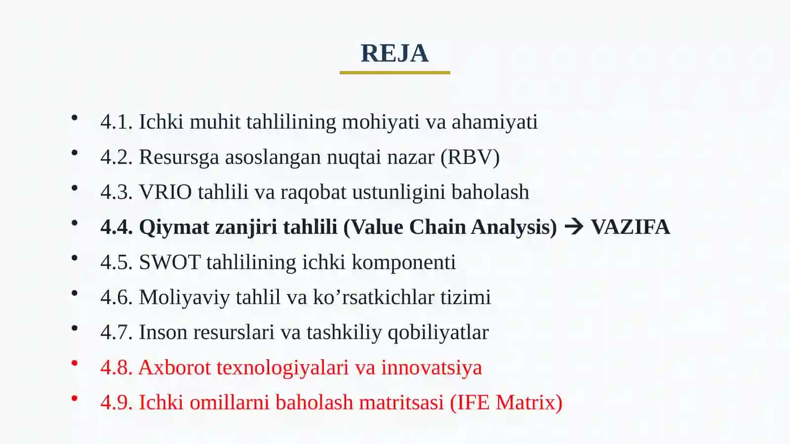 MEHMONXONA XO’JALIGIDA ICHKI MUHIT (INTERNAL ASSESSMENT) TAHLILI 2