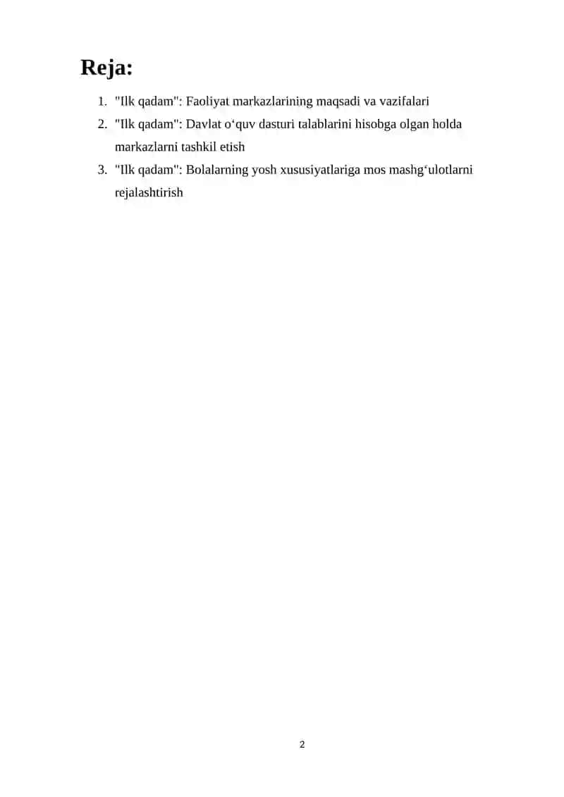 Ilk qadam davlat o‘quv dasturi asosida maktabgacha ta’lim tashkilotlarida faoliyat markazlarida ta’lim jarayonlarini tashkil qilish 2