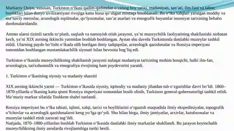 Turkistonda dastlabki muzeylarning vujudga kelishi. 2