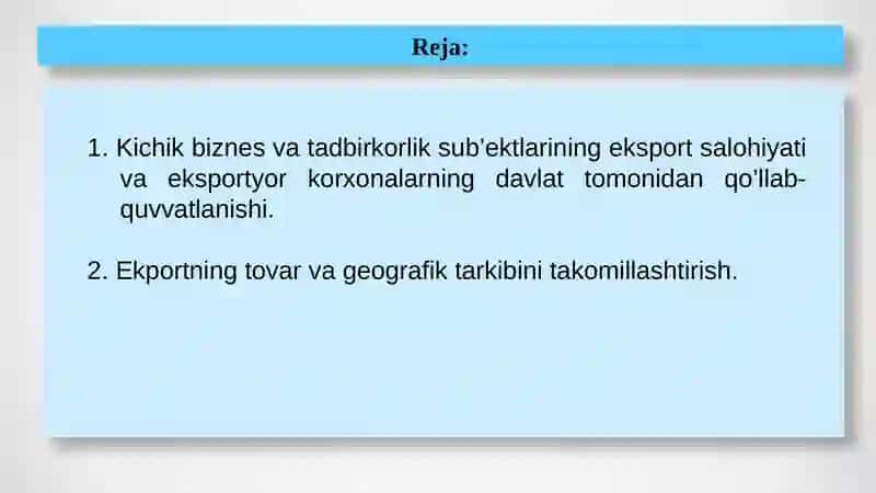 KICHIK BIZNES VA TADBIRKORLIK SUB’EKTLARINING EKSPORT SALOHIYATINI BAHOLASH 2