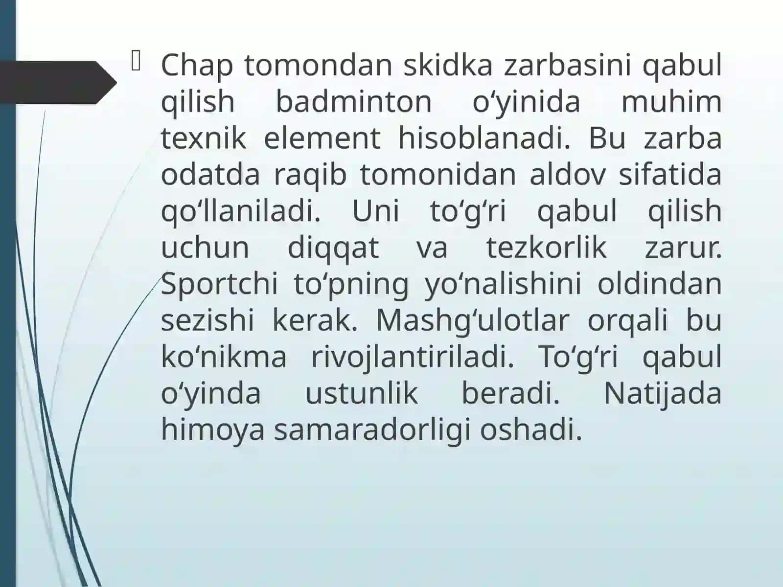 CHAP TOMONDAN SKIDKA ZARBASINI QABUL QILISH TEXNIKASINI RIVOJLANTIRISH 2