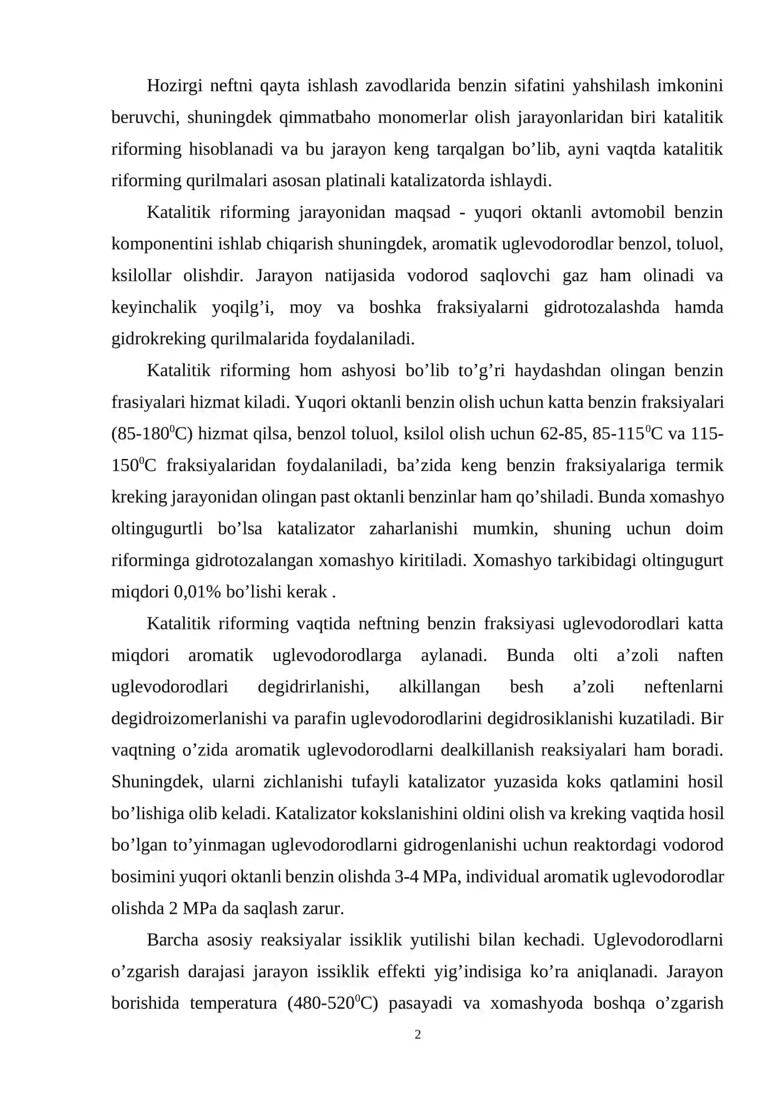 Termokatalitik jarayonlar. Katalitik riforming va izomerizatsiya .Katalitik riforming xomashyosi, parametrlari va mahsulotlari 2