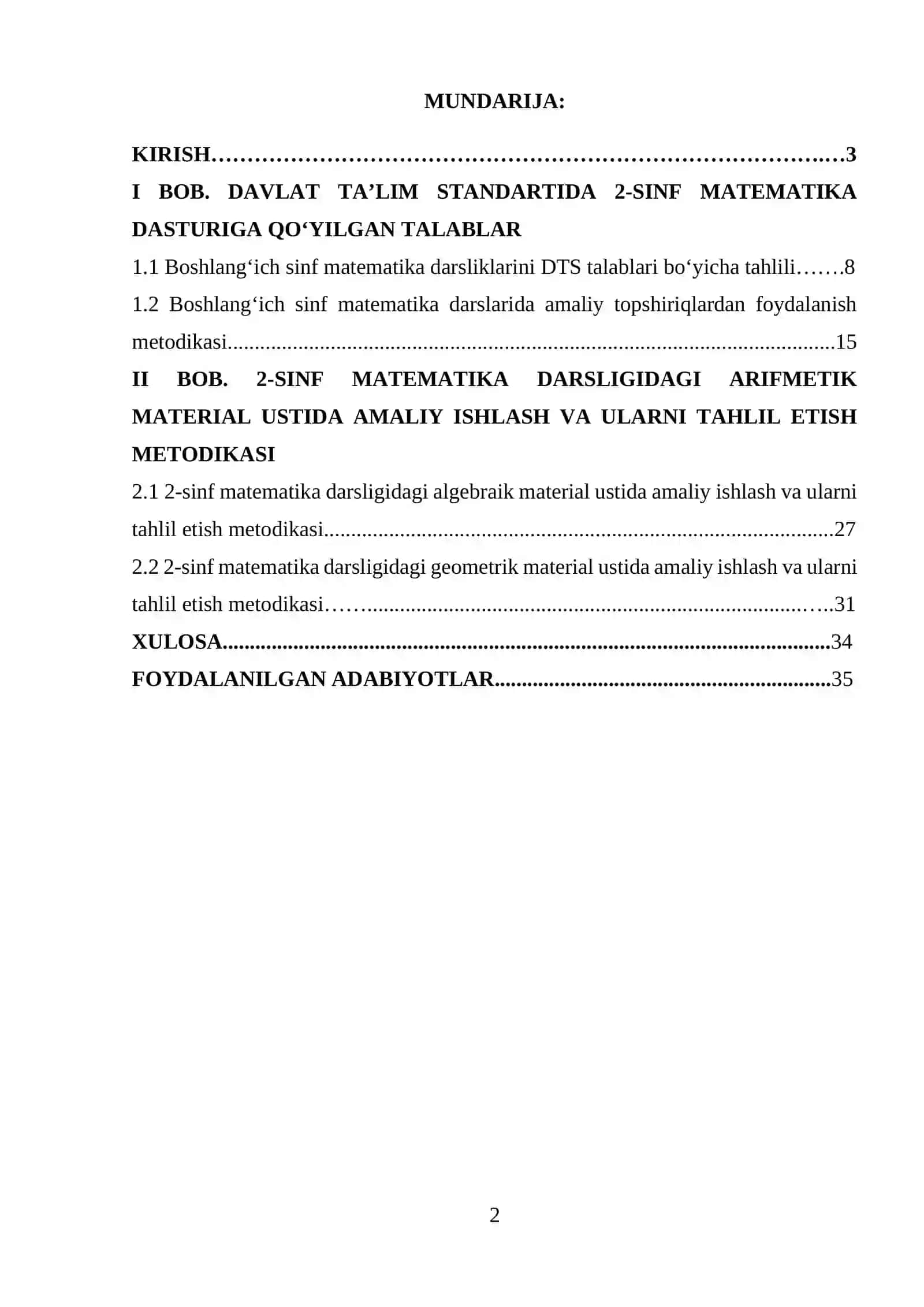 : Ikkinchi sinfda  matematikadan amaliy ishlar va ularni  tashkil qilish metodikasi. kurs ishi 2