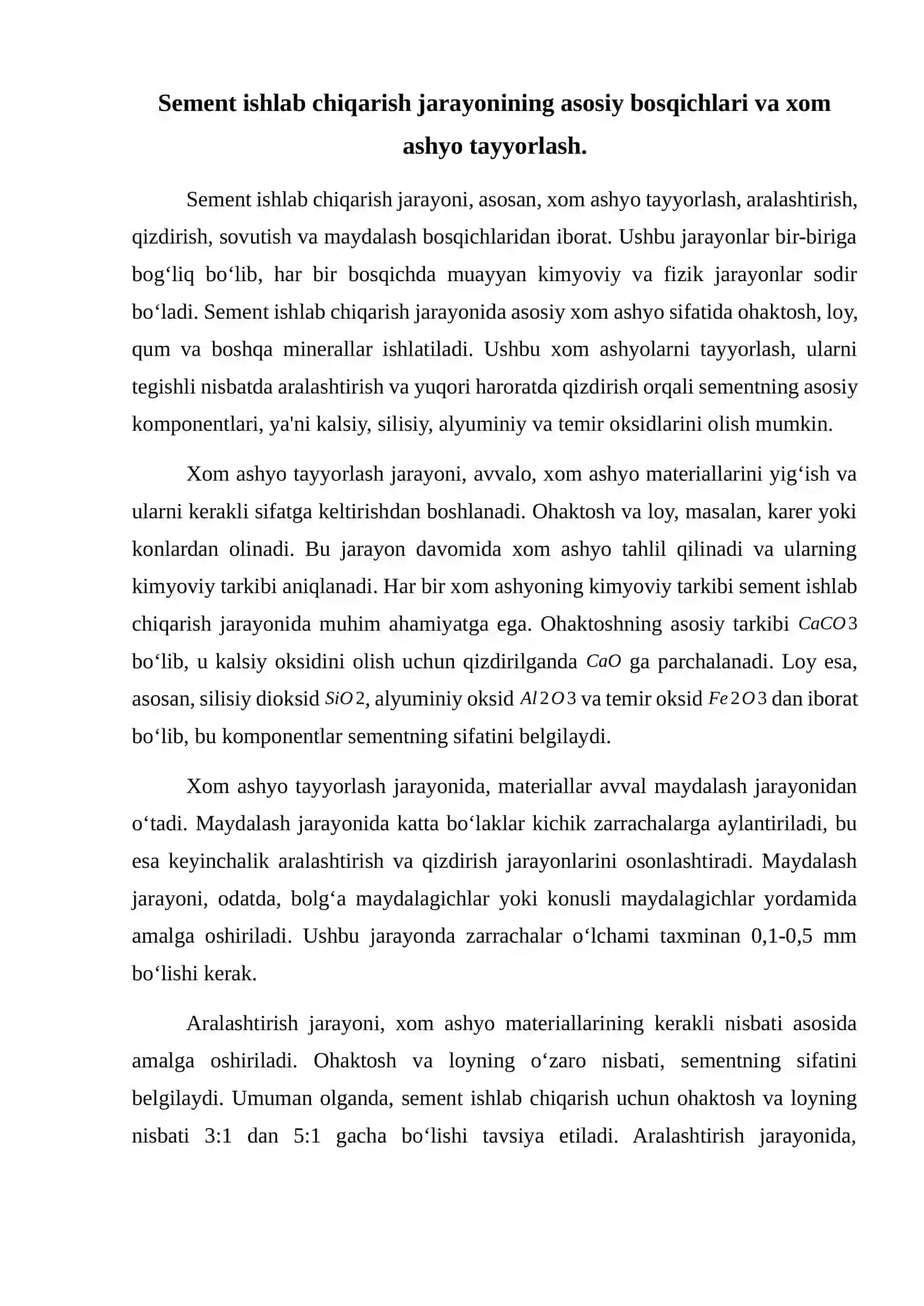 Sement ishlab chiqarishning kimyoviy texnologiyasi. 2