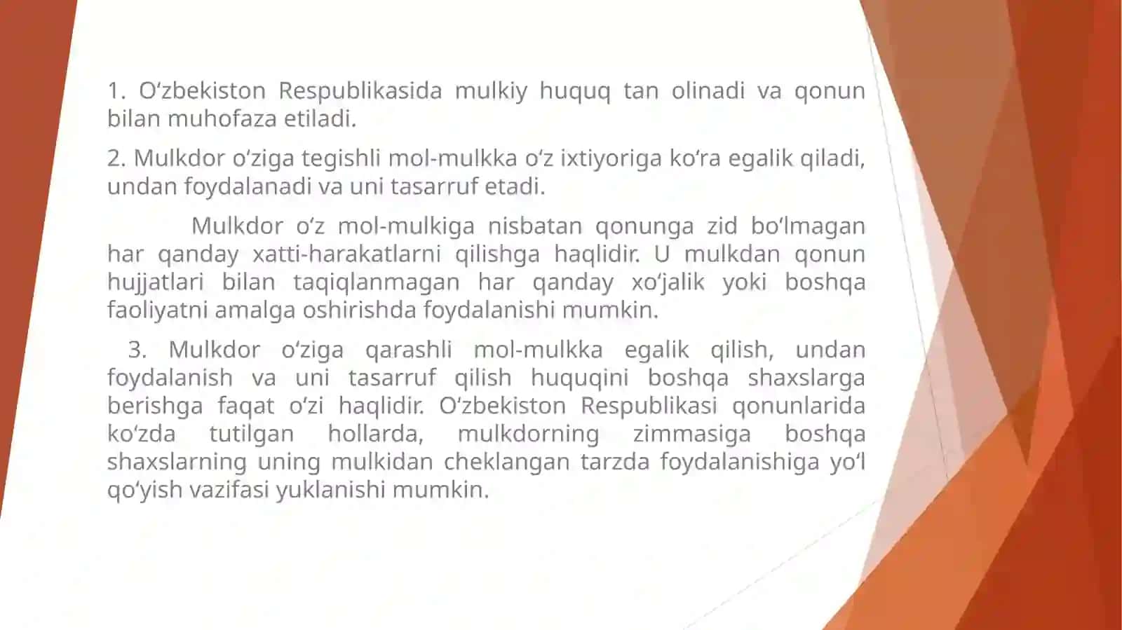 O’ZBEKISTON RESPUBLIKASI QONUNCHILIGI BO’YICHA MULK SHAKLLARI VA MULK HUQUQI TURLARI 2