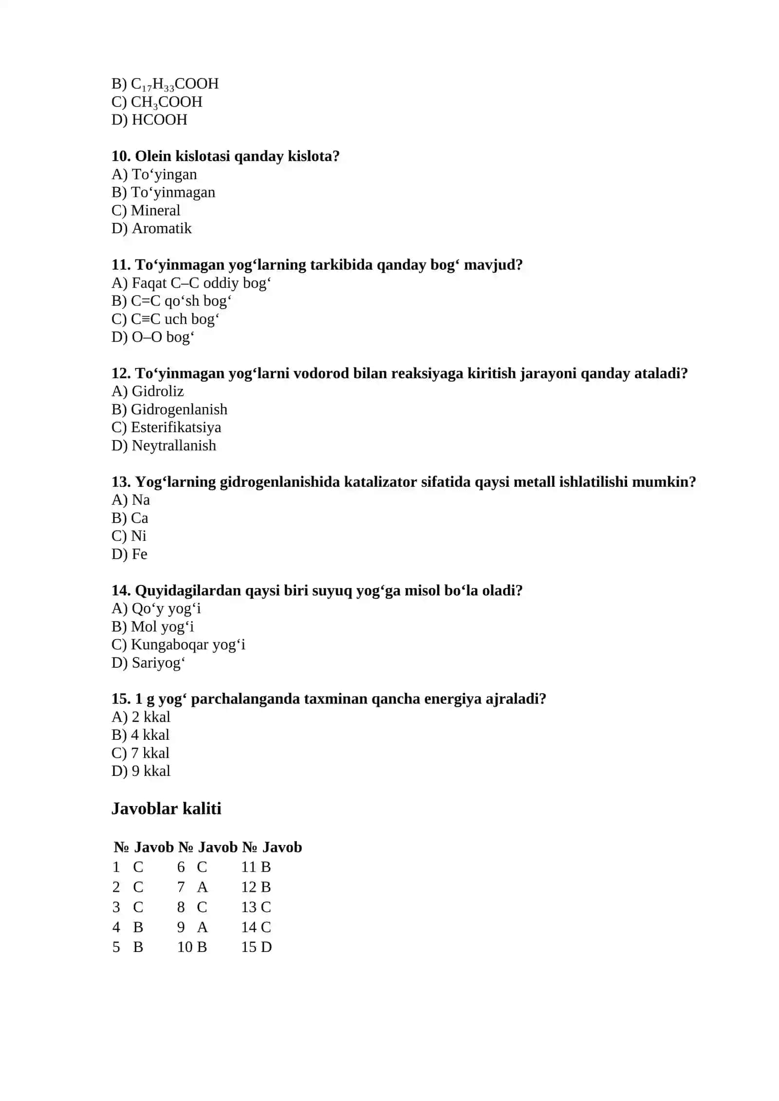 Yog‘lar. Olinishi va xossalari — 15 ta test 2