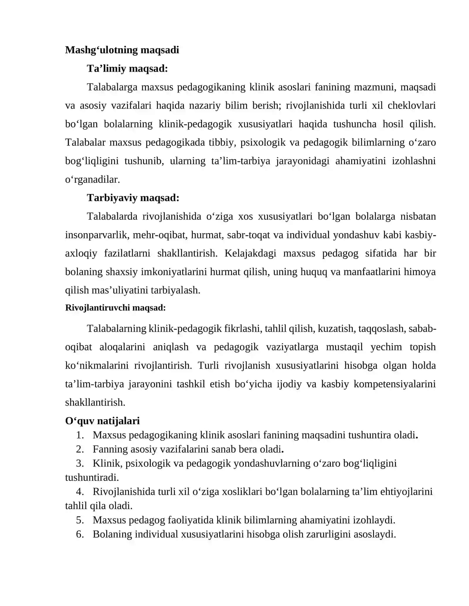 Maxsus pedagogikaning klinik asoslari fanining maqsad va vazifalari 2