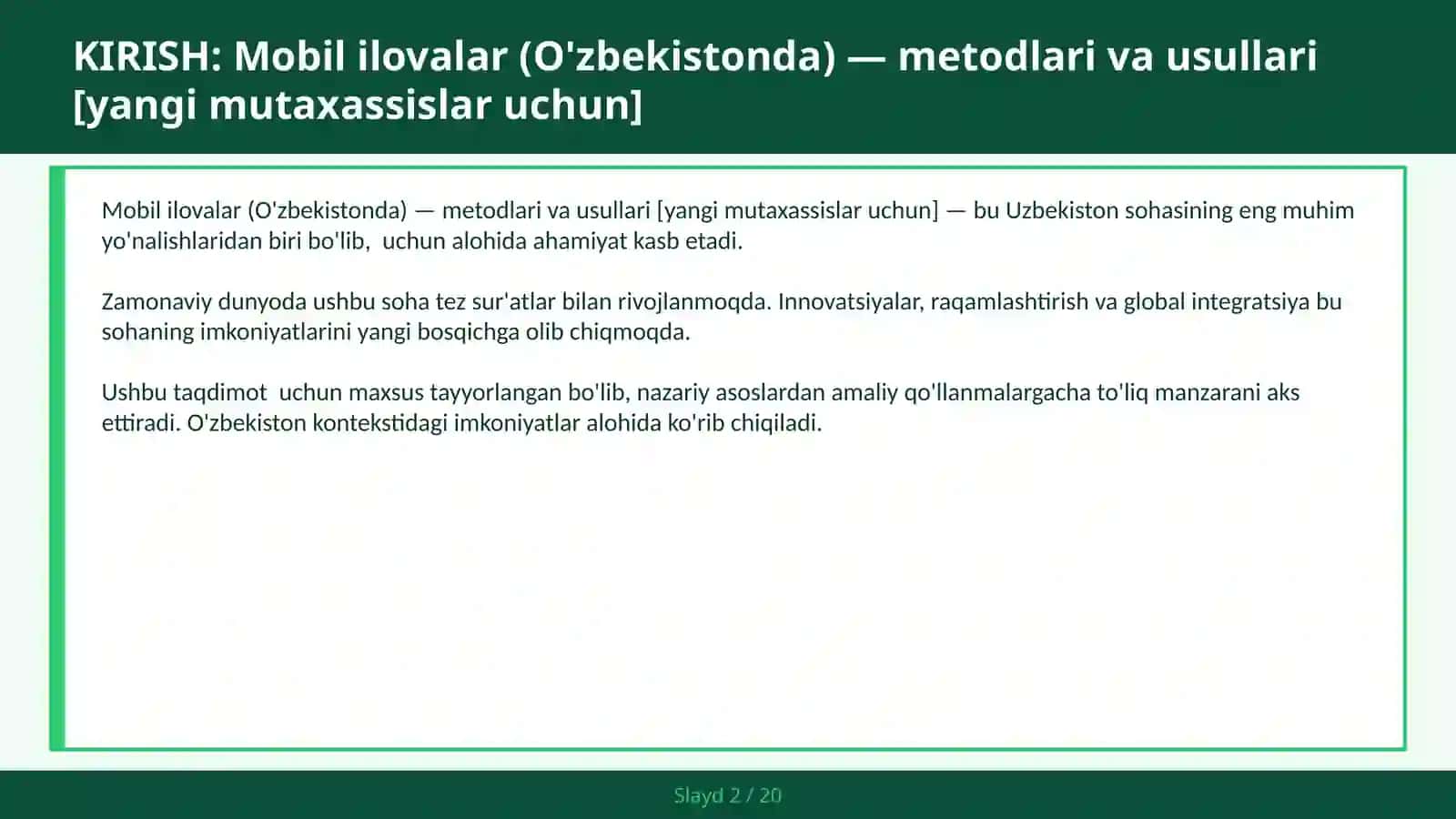 Mobil Ilovalar (O'zbekistonda) — Metodlari va Usullari [Yangi Mutaxassislar Uchun] 2