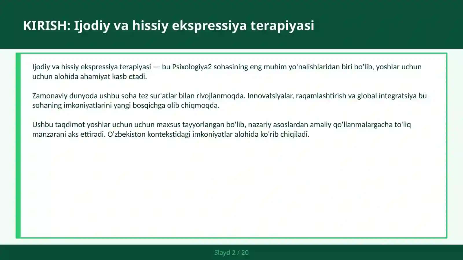 IJODIY VA HISSIY EKSPRESSIYA TERAPIYASI 2