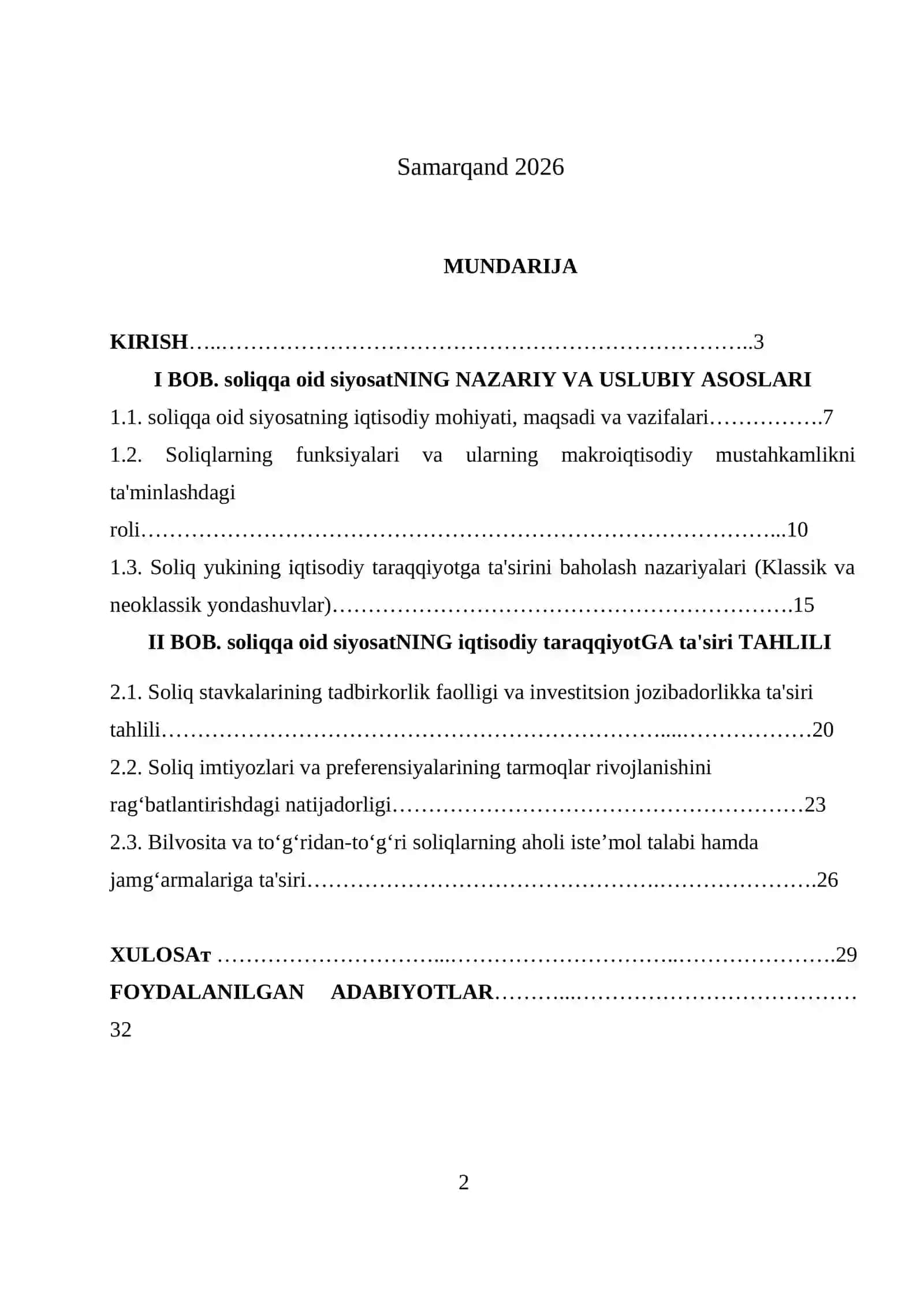 KURS ISHI: soliqqa oid siyosatning iqtisodiy taraqqiyotga ta'siri 2