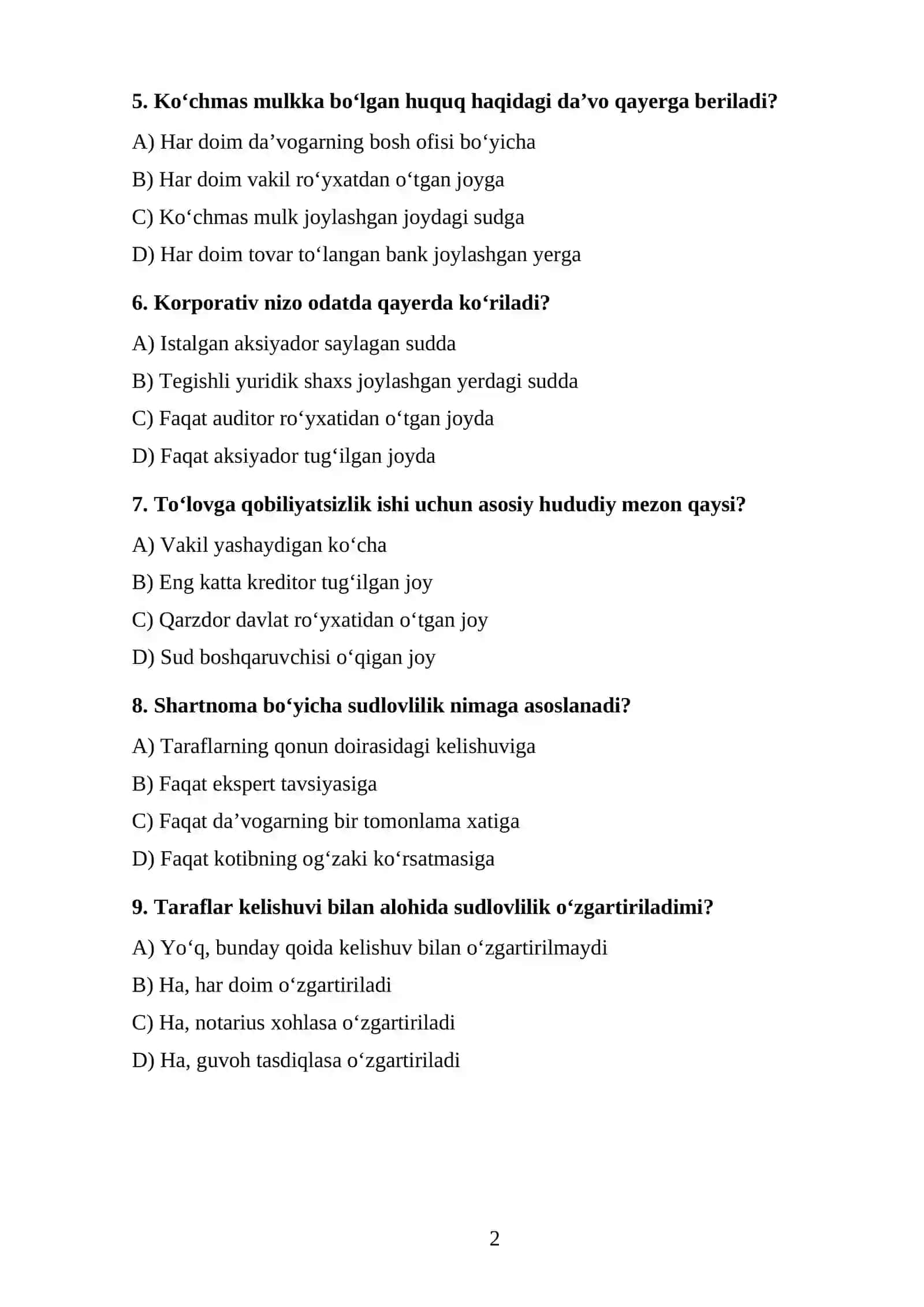 Iqtisodiy ishlarining sudlovliligi tushunchasi va turlari TEST 2