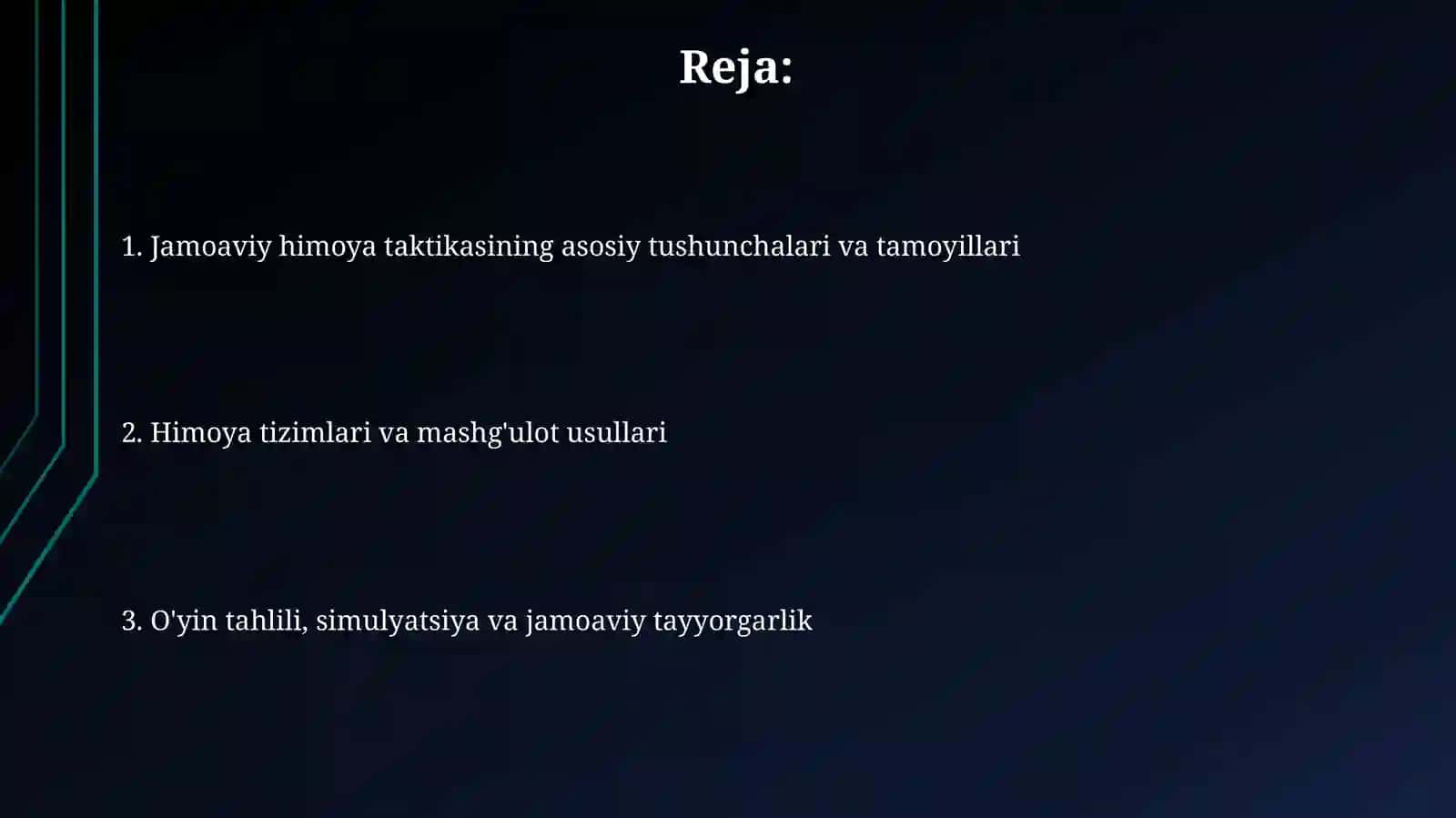 Himoyada jamoa o'yin taktikasini o'rgatish usullari uslublar kompleksini tayyorlash 2
