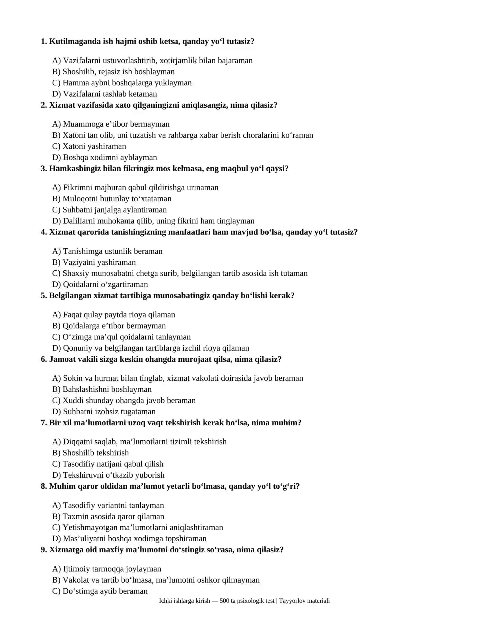 Ichki ishlarga ishga kirish uchun 500 ta psixologik test savollari va javoblari 2