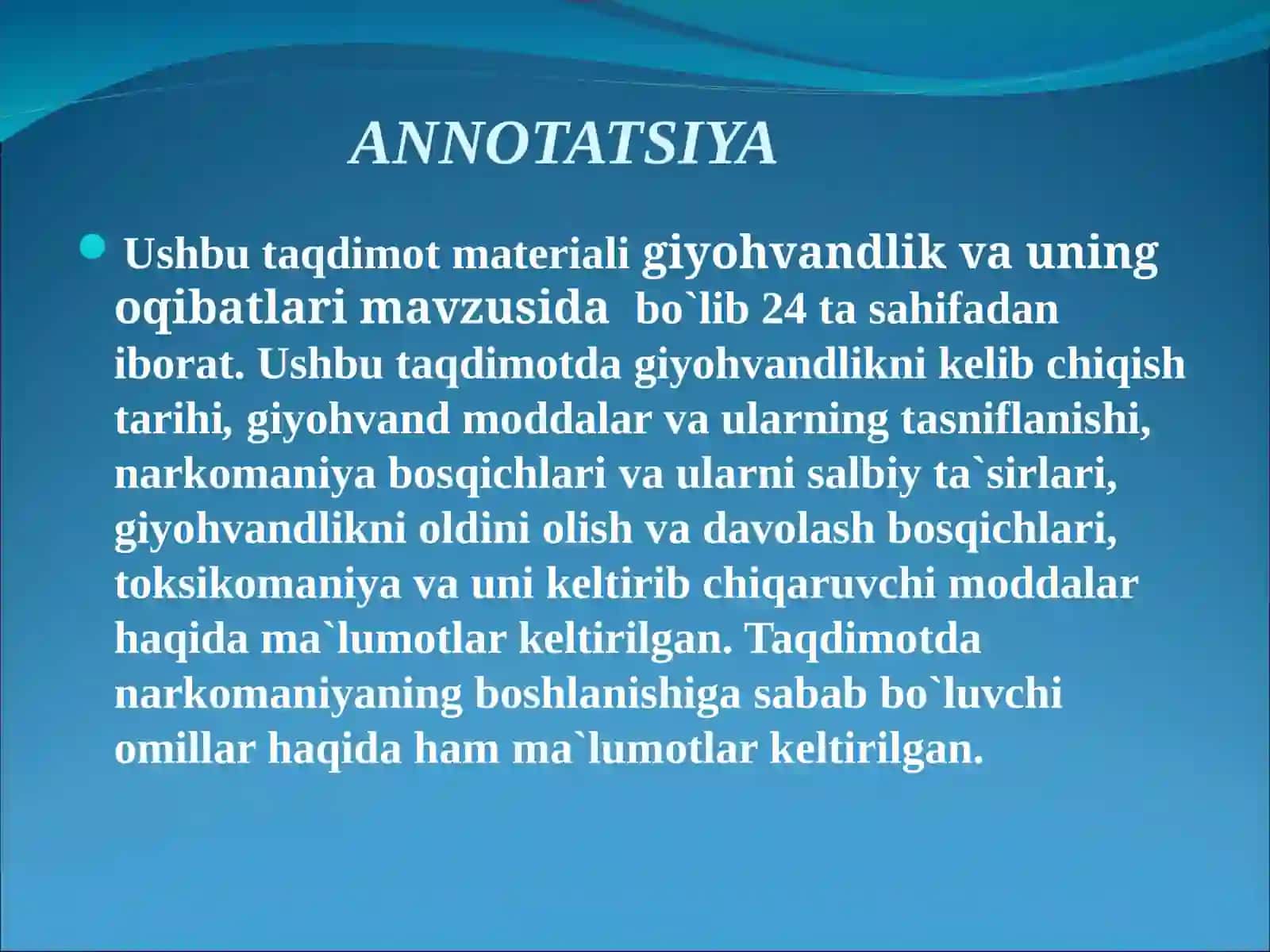 GIYOHVANDLIK VA UNING OQIBATLARIMAVZUSIDA TAYYORLAGAN TAQDIMOTI 2