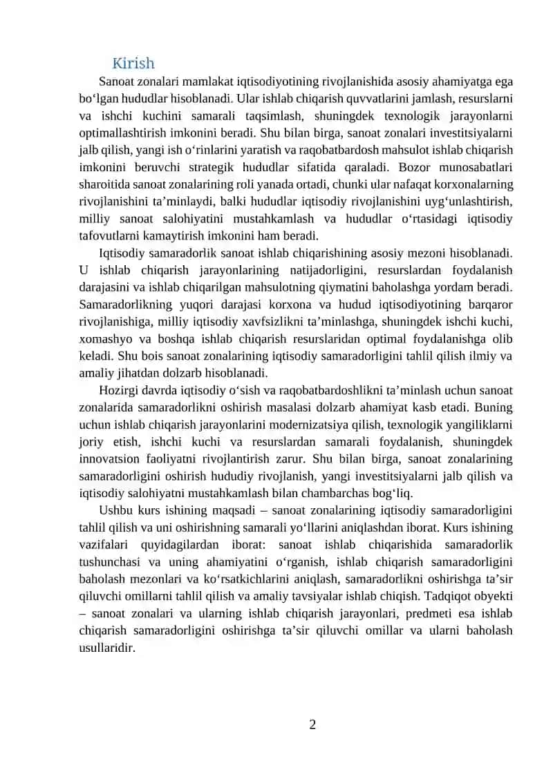 Sanoat zonalarining iqtisodiy samaradorligini tahlil qilish 2