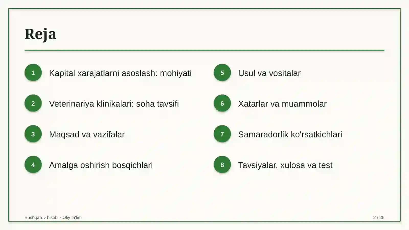 uy hayvonlari uchun veterinariya klinikalarida kapital xarajatlarni asoslash 3009 2