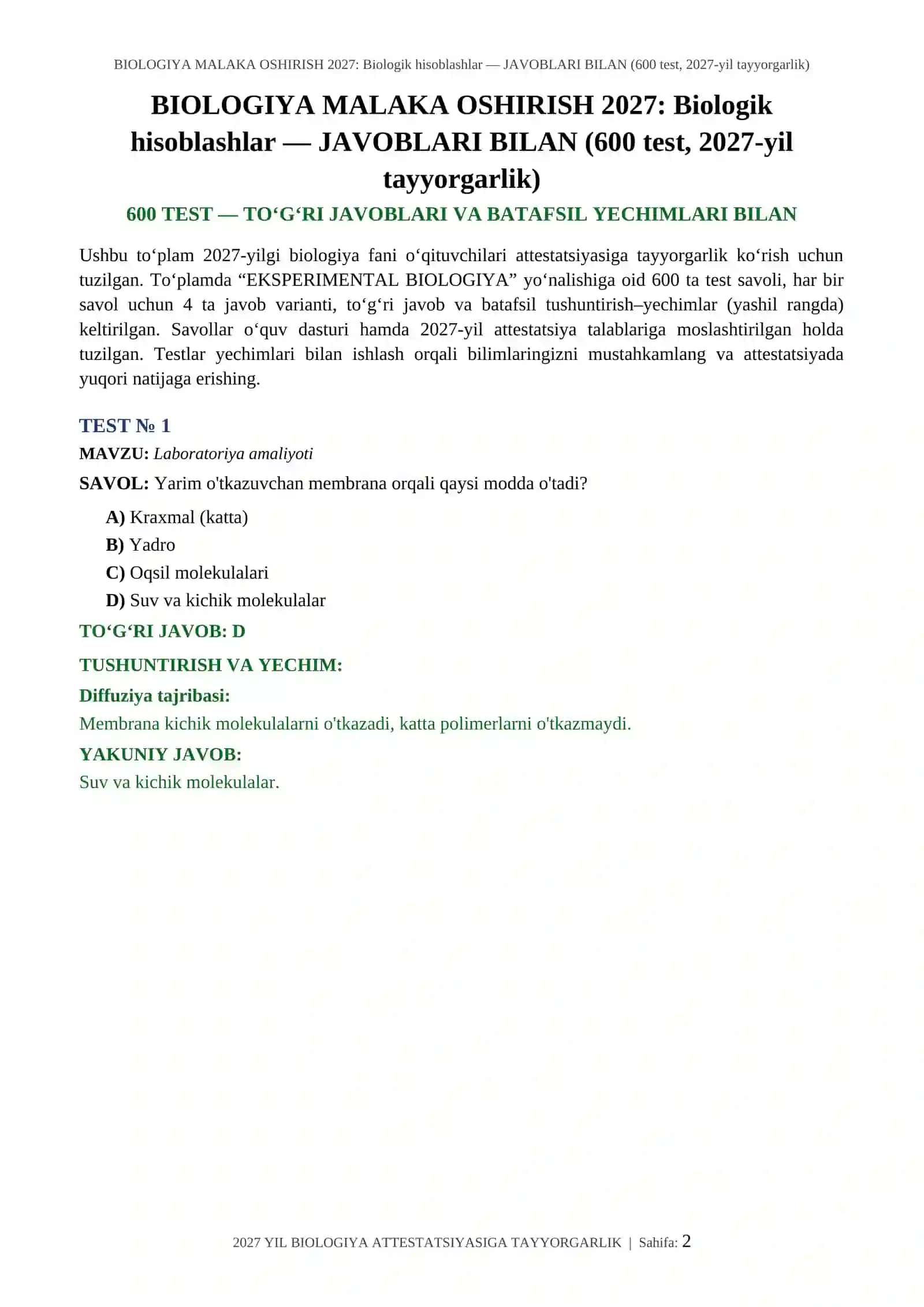 BIOLOGIYA MALAKA OSHIRISH 2027: Biologik hisoblashlar — JAVOBLARI BILAN (600 test, 2027-yil tayyorgarlik) 2