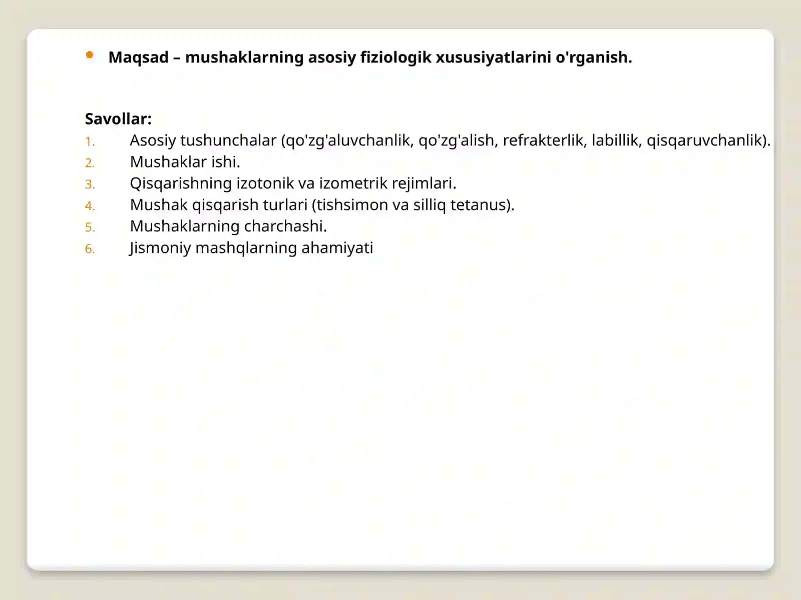 Biologiya - Mushaklarning asosiy fiziologik xususiyatlari 2
