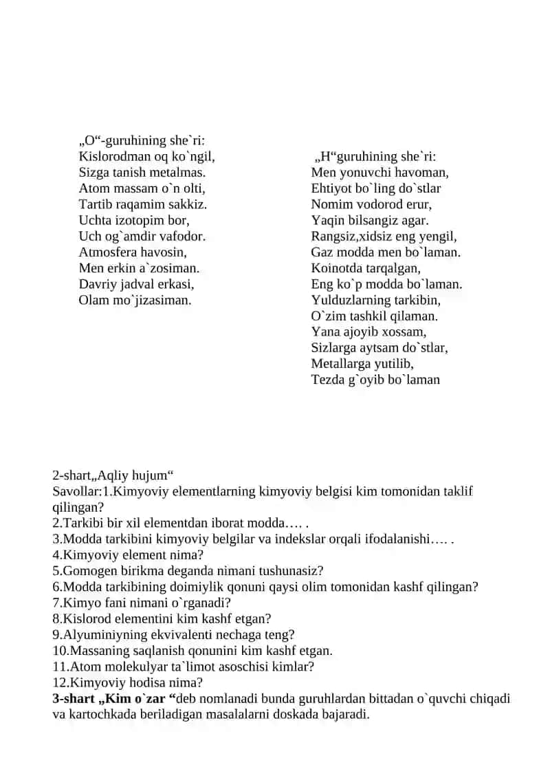 7-sinf Kimyo fanidan "Vodorodni olinishi va xossalari.Ishlatilishi" darsi ishlanmasi 2