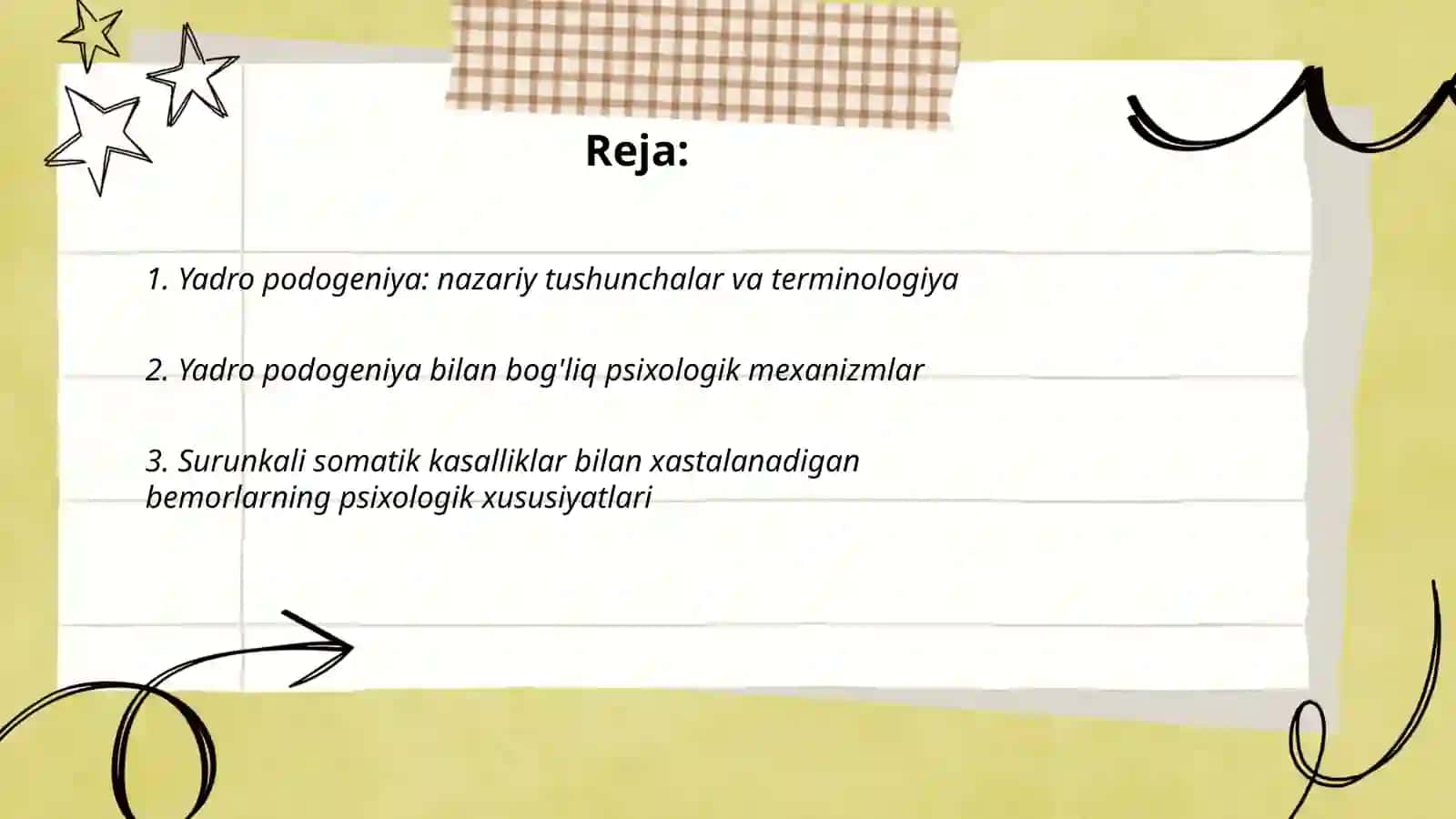 Yadro podogeniya.Surunkali samotik kasalliklar bilan xastalangan bemorlar psixologiyasi klinik psixologik interversiya tizimi 2