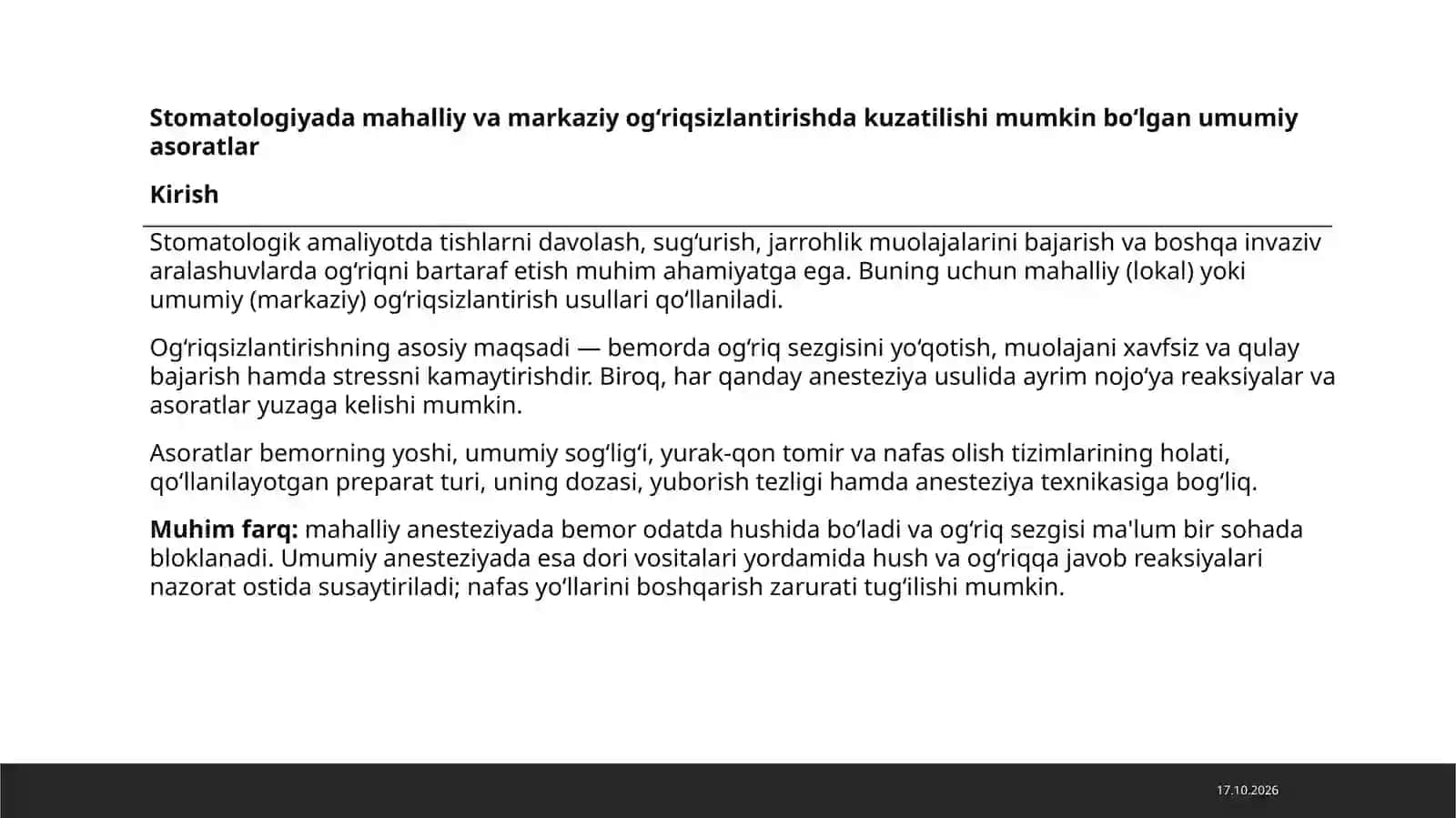 Stomatologiyada mahalliy va markaziy og‘riqsizlantirishda kuzatilishi mumkin bo‘lgan umumiy asoratlar 2
